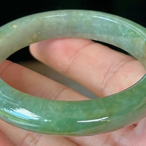 Natural Burmese Jadeite Jade Bangle – Icy Apple & Forest Green, Honey, Greyish Hues – Jade Bracelet, Good Luck, Gemstone Gift – 56mm – JB549