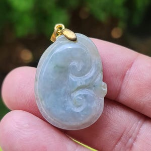 Natural Burmese Jadeite Jade Pendant – Icy Bluish Moss Green & Milky White – Hand-Carved Ruyi Motif – Pendant, Jewelry, Amulet, Gift –JOP005