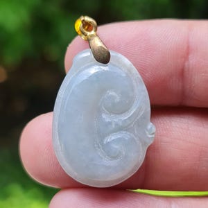 Natural Burmese Jadeite Jade Pendant – Icy Light Bluish Milky White – Hand-Carved Ruyi Swirl Motif – Amulet, Good Luck, Pendant Gift -JOP004