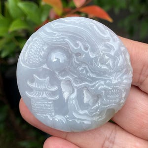 Natural Certified Burmese Jadeite Jade Pendant – Icy Lavender, Milky White & Moss Green – Hand-Carved Dragon Motif – Good Luck, Gift – JP050