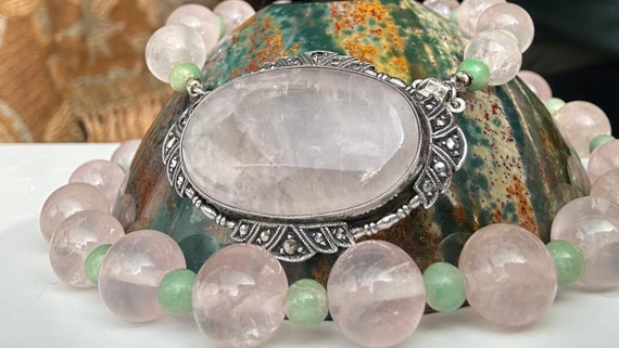 Art Deco Rose Quartz Sterling Necklace - Made in … - image 2