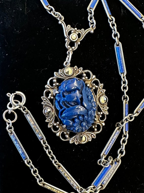 Art Deco Edwardian Blue Lapis Glass Necklace with… - image 3