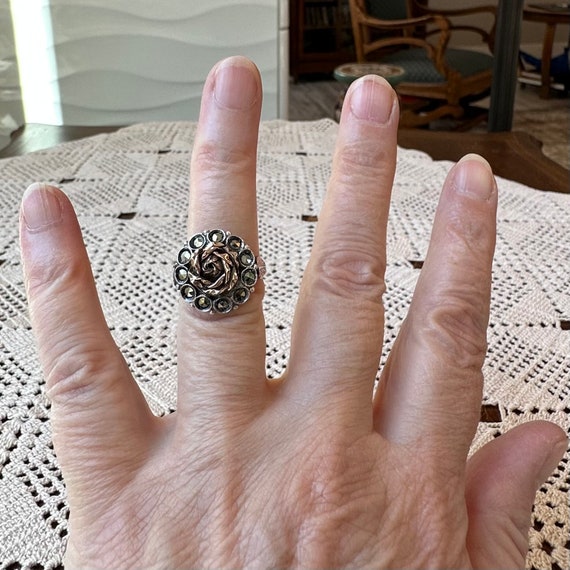 Vintage Gold Silver Rose Ring with Marcasite - image 2