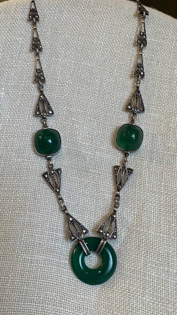 Art Deco Green Onyx & Marcasite Silver Choker Neck