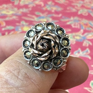 Vintage Gold Silver Rose Ring with Marcasite