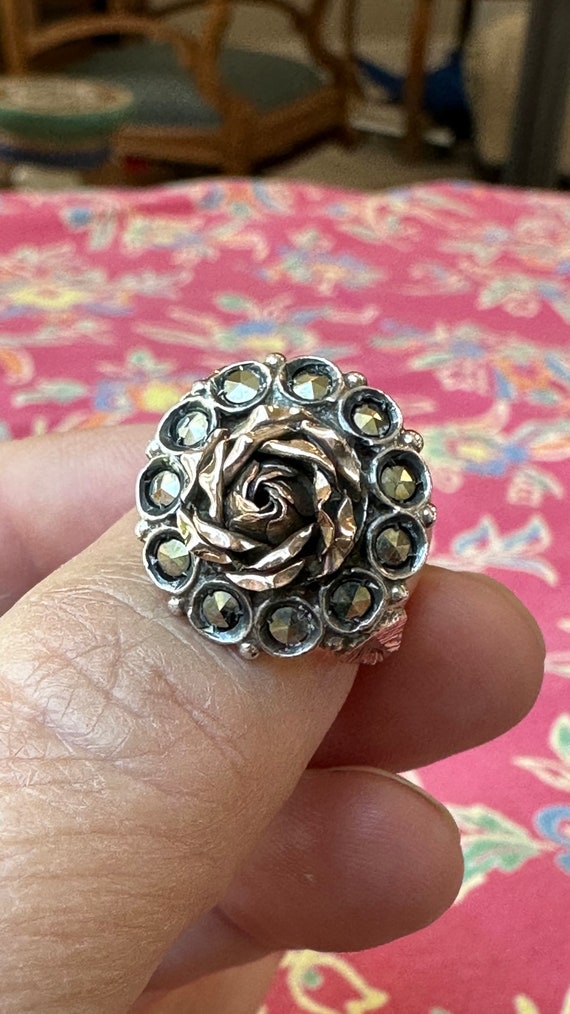 Vintage Gold Silver Rose Ring with Marcasite - image 1