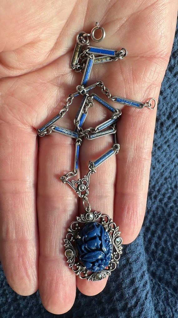 Art Deco Edwardian Blue Lapis Glass Necklace with… - image 4