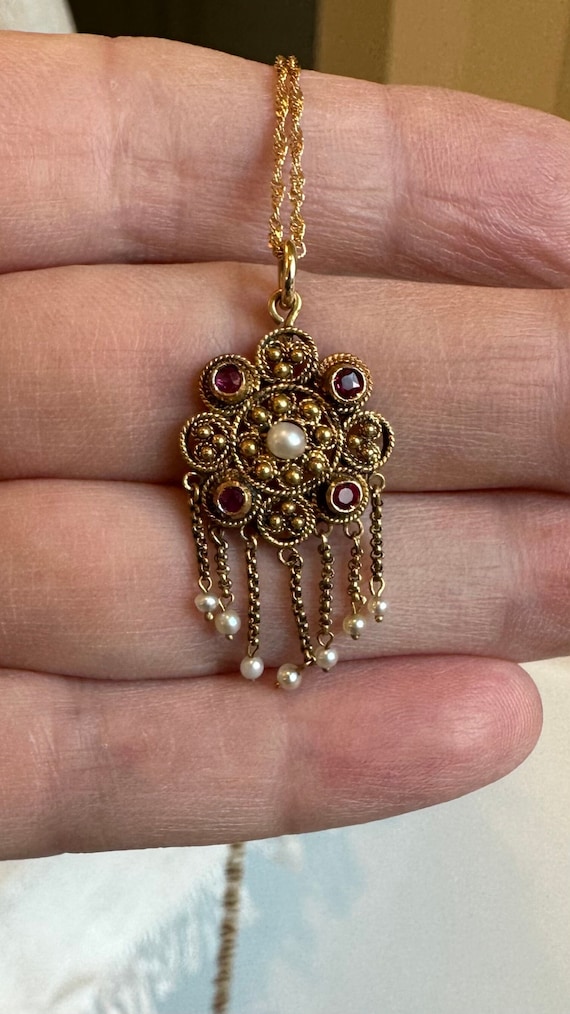 Ruby, Pearls 14K Indian Gold Pendant with 18K Chai