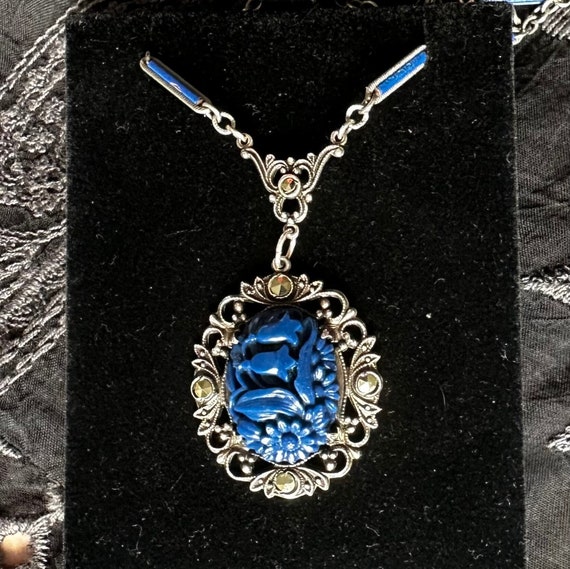 Art Deco Edwardian Blue Lapis Glass Necklace with… - image 1