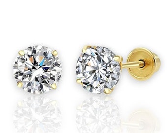 14k Solid Yellow Gold Basket Set Round CZ Stud Earrings, Screw back Cz Studs, Sleeper Cz Studs, Unisex