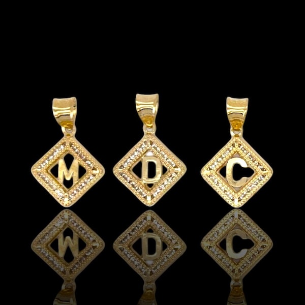 10k Solid Gold Initial Letter A-Z Pendant Inside the CZ Square Frame / Perfect Gift For Her
