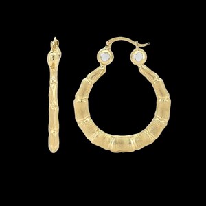 10k Bamboo Hoop Earrings Real 10K Yellow Gold With CZ / Perfect Gift For Her