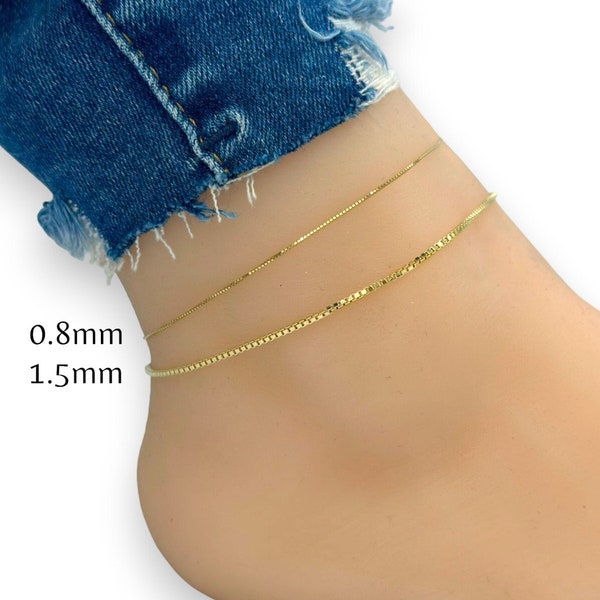 10K Anklet - Box Anklet , Box Chain Gold Anklet, 10K Solid Gold 0.8mm 1.5mm Anklet 9 inch 10 Inch