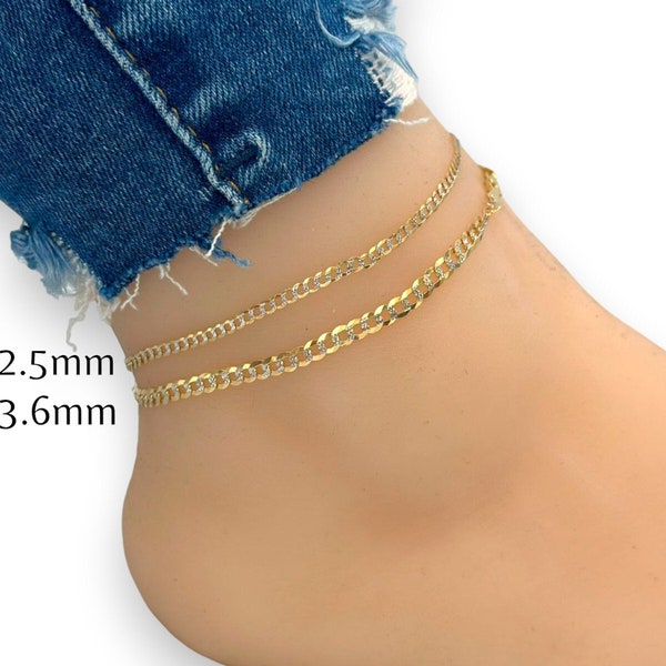 10K Fully solid Anklet - Curb Cuban Two Tone Anklet , Flat Link Chain Gold Anklet, 14K Solid Gold 2.3mm, 2.5mm 3.6mm Anklet 9 inch 10 Inch