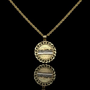 Two-Tone Textured Circle Cuban Link Detail Last Supper Pendant 10K Yellow White Gold