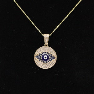 14k Yellow Gold Evil Eye With Chain Evil Eye Charm with Cz Necklace Pendant Gold Nazar Hamsa Good Luck Pedant Necklace / Dainty necklace