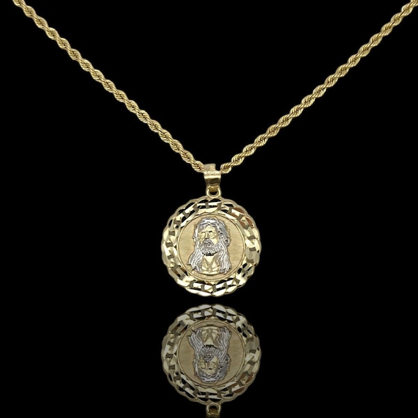 Pendentif Jésus bicolore cercle texturé avec maillons cubains en or blanc 10 carats