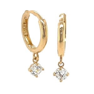 Boucles d'oreilles Huggie pendentif solitaire en or jaune 14 carats, pierre de naissance, diamant, tourmaline rose rubis et topaze bleue - or véritable 14 carats