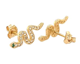 14k Solid Yellow Gold Bright CZ Snake Shape - Stud Earrings - Real 14k Gold