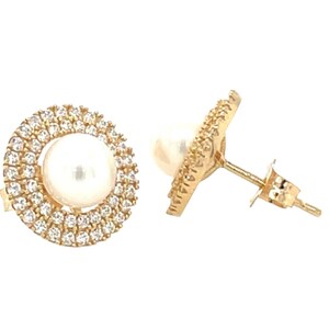 14K Solid Yellow/White Gold Pearl Double Halo CZ Stud Earrings - Real 14k Gold