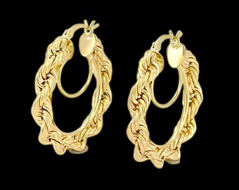 Örhängen i äkta 10K guld med tvinnad repkedja, diamantskurna, runda ringar med repdesign, 25 mm, 30 mm, 40 mm