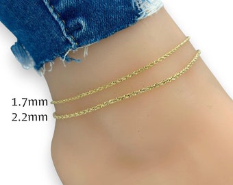 Tobillera de 10 quilates, tobillera de cuerda, tobillera de oro de cuerda, tobillera de oro macizo de 10 quilates, 1,7 mm, 2,2 mm, 9 pulgadas, 10 pulgadas