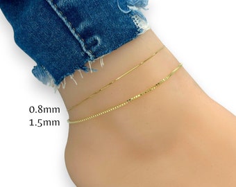 10K Anklet - Box Anklet , Box Chain Gold Anklet, 10K Solid Gold 0.8mm 1.5mm Anklet 9 inch 10 Inch