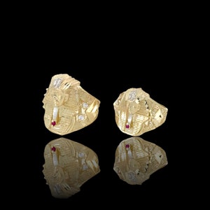 10K Solid Yellow Gold Diamond Cut Egyptian Pharaoh Head King Tut CZ Band Ring. 2 Sizes