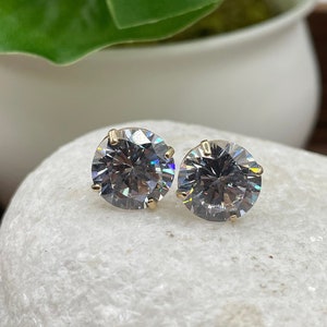 14K Solid Yellow Gold Brilliant Bright Round CZ Stud Earrings Sizes 3MM 4MM 5MM 6MM 7MM 8MM 9MM Prong Set - Real 14k Gold