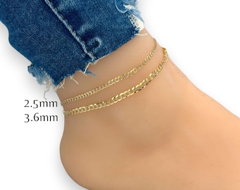 10K Fully solid Anklet - Curb Cuban Two Tone Anklet , Flat Link Chain Gold Anklet, 14K Solid Gold 2.3mm, 2.5mm 3.6mm Anklet 9 inch 10 Inch