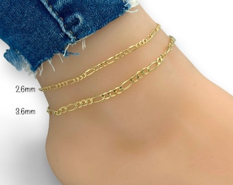 10K Anklet - Figaro Anklet , Flat Link Chain Gold Anklet, 10K Solid Gold 2.6mm, 3.6mm  Anklet 9 inch 10 Inch 11 inch 12 inch