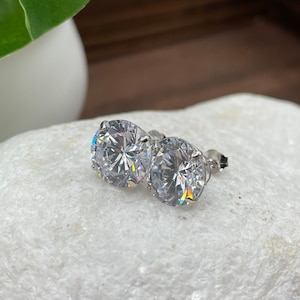 14K Solid White Gold Brilliant Bright Round CZ Stud Earrings Sizes 3MM 4MM 5MM 6MM 7MM 8MM 9MM Prong Set - Real 14k Gold