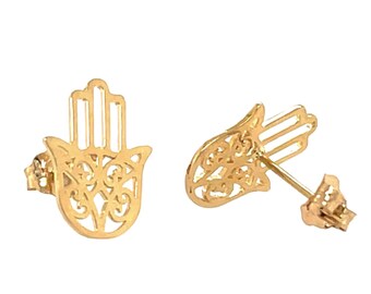 14k Solid Yellow/White Gold Hamsa Jewish Hand Sizes Small Medium Large - Stud Earrings - Real 14k Gold