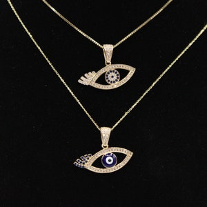 14k Yellow Gold Evil Eye With Chain Evil Eye Charm with Cz Necklace Pendant Gold Nazar Hamsa Good Luck Pedant Necklace / Dainty necklace