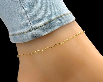 paperclip anklet/ 10K fully solid gold chain anklet/ gold rectangle link chain