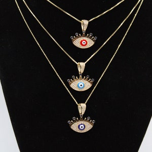 14k Yellow Gold Evil Eye With Chain Evil Eye Charm with cubic zirconia Necklace Pendant Gold Nazar Hamsa Good Luck Pedant Necklace / Dainty