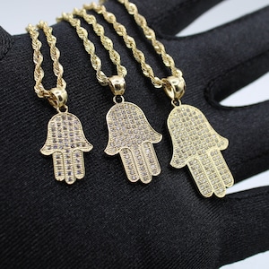 14k Real Gold Pendants Necklace, with 2.6mm Rope Chain Necklace , Hamsa Hand charm, Fatima hand pendant, faith pendant, Good luck charm