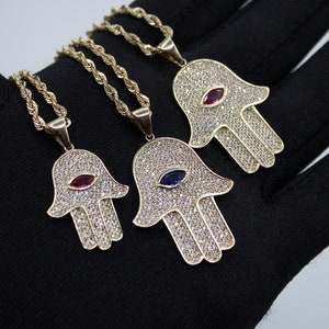 14k Real Gold Pendants Necklace, with 2.6mm Rope Chain Necklace , Hamsa Hand charm, Fatima hand pendant, faith pendant, Good luck charm