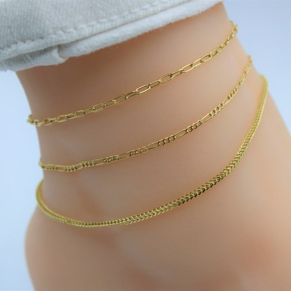10K Chain Anklet, 10K Gold Chain Anklet, Figaro Paperclip and Franco Box Link Chain Gold Anklet, 10K Solid Gold Chain 2mm Anklets