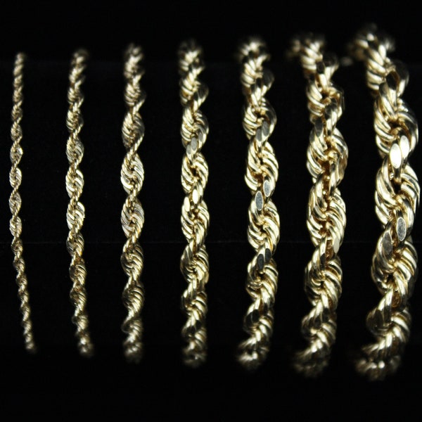 Cadena de cuerda de oro de 10K Pulsera de cadena de cuerda de oro 2mm, 3mm, 4mm, 5mm, 6mm, 7mm, 8mm Cadena de cuerda de oro de 10K, Cadena de oro de 10K, Hombres, Mujeres