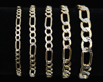 10K Two Tone Gold Figaro Chain Bracelet, 10kt Gold Chain, Real Gold Bracelet, 3.5mm, 4mm, 5mm, 6mm, 7.5mm  Figaro Chain, Genuine 10K