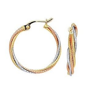 Solid 10K Yellow, Rose White Gold Tri-color Textured Twist Hoop Earring with Hinged Closure/ Real Gold