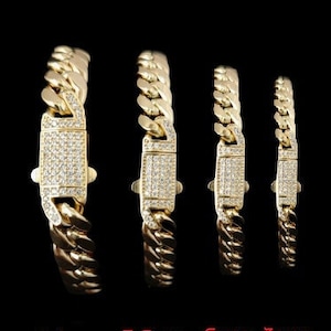 14k Yellow Gold Miami Cuban Chain Bracelet Zirconia Box Lock, 3mm, 5mm, 7.4mm and 9.4mm, 14k Gold Bracelet, 14k gold Miami cuban