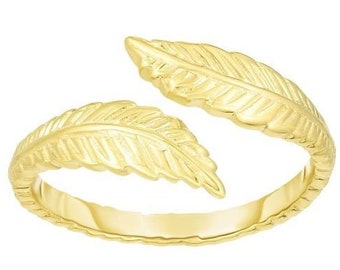14K Yellow Gold Feather Bypass Toe Ring- Real Gold - Solid Gold