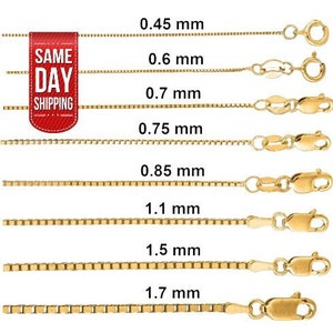 May include: A close-up of eight gold chains of different thicknesses, ranging from 0.45 mm to 1.7 mm. The chains are laid out horizontally, with the thickness of each chain labeled in millimeters.