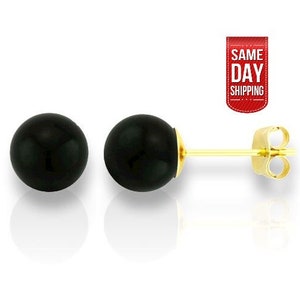 14K Solid Gold Genuine Black Onyx Ball Studs- Pushbacks- Black Onyx Sphere Ball Studs - Gold Ball Studs - 3mm- 4mm-5mm-6mm-7mm-8mm-9mm-10mm