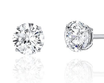 14k Solid White Gold Basket Set Round CZ Stud Earrings, Screw back Cz Studs, Sleeper Cz Studs, Unisex