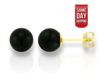 14K Solid Gold Genuine Black Onyx Ball Studs- Pushbacks- Black Onyx Sphere Ball Studs - Gold Ball Studs - 3mm- 4mm-5mm-6mm-7mm-8mm-9mm-10mm