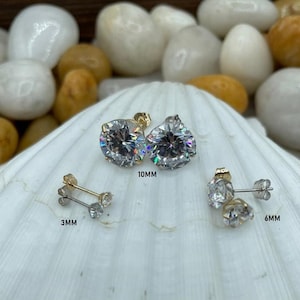 14K Solid Yellow/White Gold Brilliant Bright Round CZ Stud Earrings Sizes 3MM 4MM 5MM 6MM 7MM 8MM 9MM Prong Set - Real 14k Gold