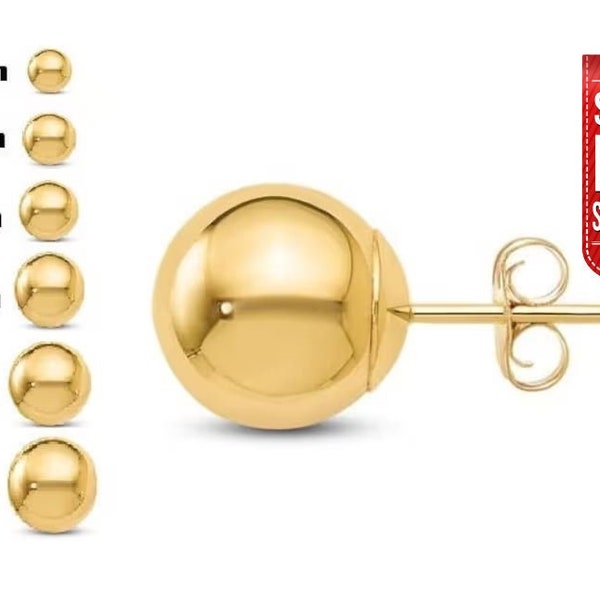 14K Gold Ball Earrings, 3MM, 4MM, 5MM, 6MM, 7MM, 9MM, 10MM 12MM Ball Earring Studs, Gold Push Back Studs Woman, Yellow Gold